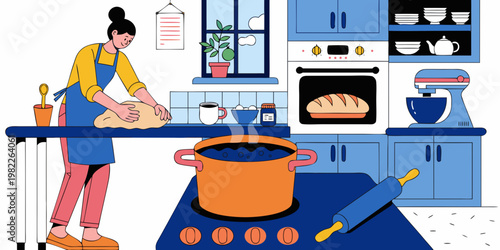 Woman baking bread in home kitchen modern illustration with kneading lifestyle activity preparation utensils interior homemaker domestic homemade nutrition culinary illustration