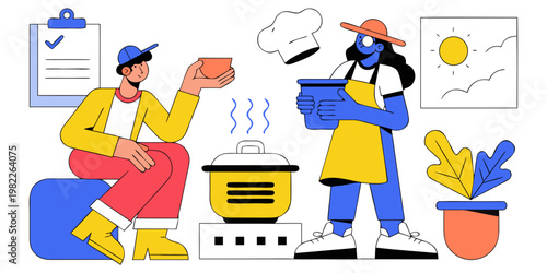 Chef and cook preparing meal in kitchen concept with preparation lifestyle activity homemaker domestic culinary homemade checklist illustration preparing profession restaurant nutrition