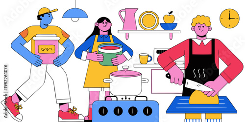 Group of people cooking together in a modern kitchen setting flat illustration with culinary teamwork illustration activity lifestyle vegetable kitchenware together collaboration friendship