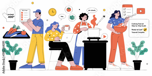 People following cooking tutorial online for preparing healthy meals at home with tutorial preparation illustration learning vegetables lifestyle culinary
