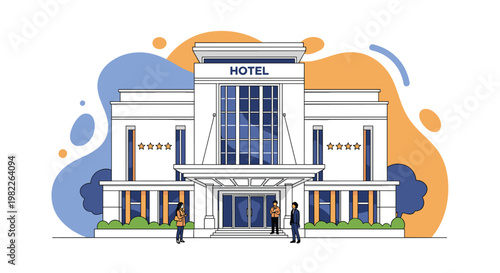 Modern hotel architecture features a grand entrance with guests arriving for their stay at a luxury four star accommodation facility.