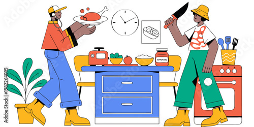 Two people cooking together in kitchen preparing roasted meat dish with preparing lifestyle illustration culinary activity domestic nutrition together teamwork kitchenware utensils