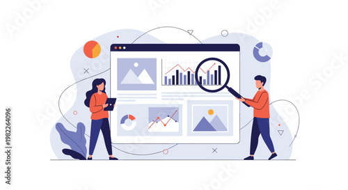 Digital marketers use a magnifying glass to audit website content and analyze visual data for search engine optimization success.