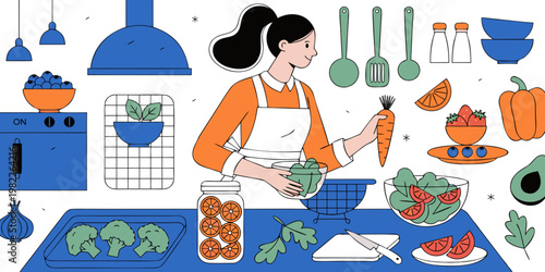 Woman cooking in a modern kitchen preparing fresh ingredients for a healthy vegetable salad with vegetables preparing nutrition vegetarian ingredients broccoli tomatoes culinary lifestyle