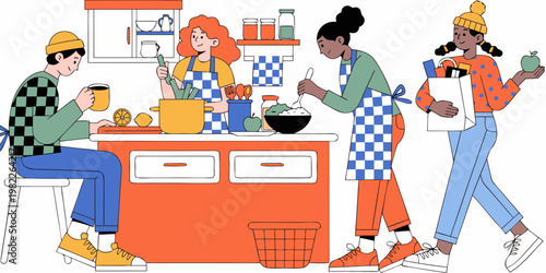 Group of friends cooking together in a modern kitchen with together culinary lifestyle nutrition vegetables shopping activity collaboration teamwork kitchenware utensils countertop