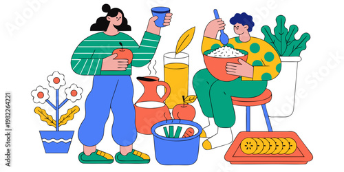 People enjoying healthy eating and drinking fresh juice at home with fresh fruits and vegetables lifestyle nutrition vegetarian drinking vegetables wellness together wholesome wellbeing