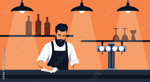 Dedicated bartender with a beard carefully wipes the bar counter while preparing the tavern for service under warm hanging lights.