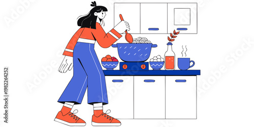 Woman cooking dinner in a kitchen flat style illustration with preparing culinary gastronomy utensils lifestyle domestic activity illustration creative character nutrition kitchenware
