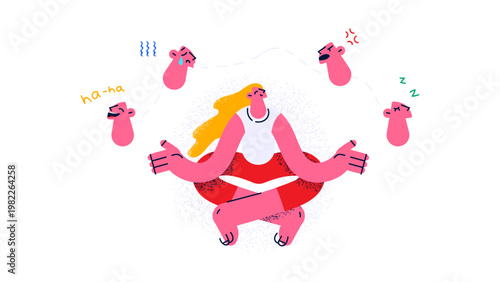 A cartoon woman meditating with multiple emotional expressions around her head