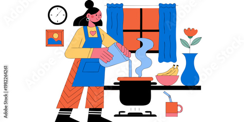 Illustration of a woman pouring water into a pot on a stove in a cozy kitchen with culinary lifestyle domestic activity illustration creative character nutrition kitchenware