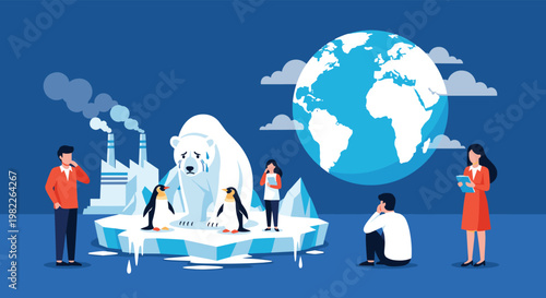 Environmental awareness illustration shows polar bears and penguins on melting ice to highlight global warming and industrial pollution.