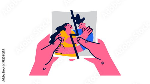 A vector graphic illustration of hands tearing a photograph in two
