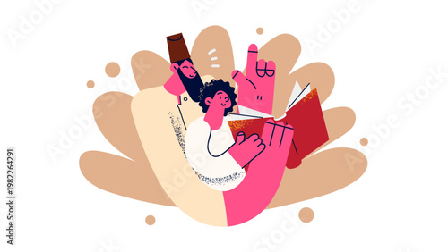 A colorful illustration of people reading and learning together in harmony