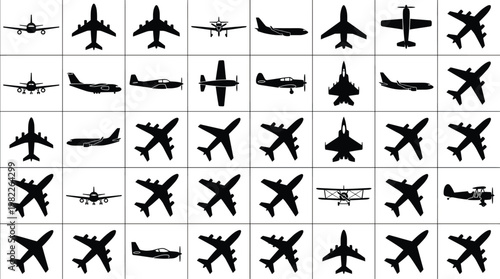Mega Collection Of Aviation Silhouettes Including Top View Passenger Planes Stealth Jets Cargo Aircraft And Vintage Propeller Planes For Graphic Design