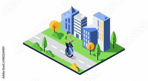 Isometric 3D Illustration of a Man Riding an Electric Unicycle in a Smart City Park with Skyscrapers and Green Trees, Urban Mobility and Eco-Friendly Personal Transport Concept