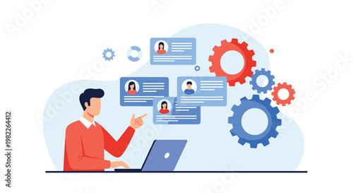 Recruiter uses an automated software system to filter and select job candidates from various digital profiles for efficient hiring.