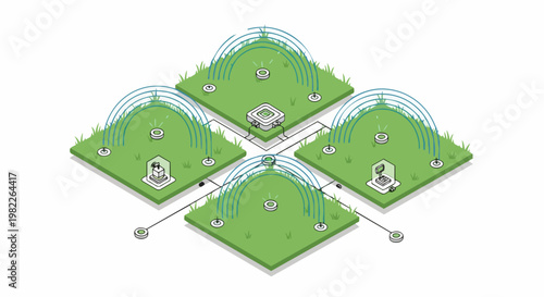 Smart Agriculture IoT System Isometric Illustration with Automated Irrigation, Sensors, and Digital Water Management for Sustainable Farming