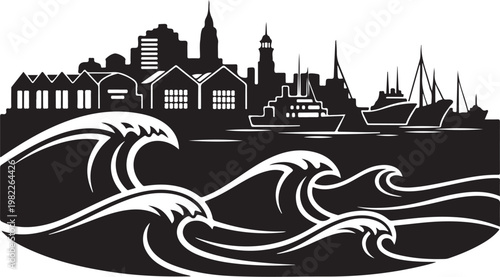 Black and white city skyline, ocean waves vector illustration, urban waterfront scene, monochromatic silhouette