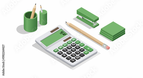Modern Isometric Office Supplies Set with Calculator, Stapler, Pencils and Sticky Notes. Green Stationery Vector Illustration for Business, Finance, and Education Workspace.