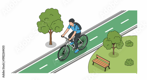 Isometric Vector Illustration of a Young Man Riding a Bicycle on a Green Dedicated Bike Lane in an Urban Park Setting with Trees and a Bench