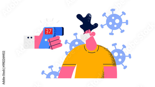 A vector graphic illustration of a person getting their temperature checked