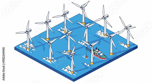 Isometric Illustration of an Offshore Wind Farm in Arctic Waters with a Maintenance Vessel, Representing Sustainable Renewable Energy and Clean Technology