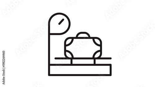 Black vector icon illustration of a suitcase being weighed on a scale at an airport check-in counter, representing luggage weight limits, travel preparation, baggage handling, and air travel.