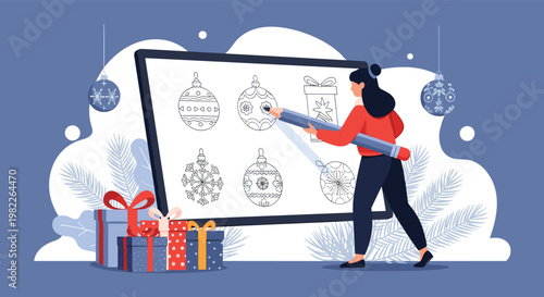 Creative woman uses a stylus to design festive Christmas ornaments and holiday gift boxes on a large interactive digital tablet.