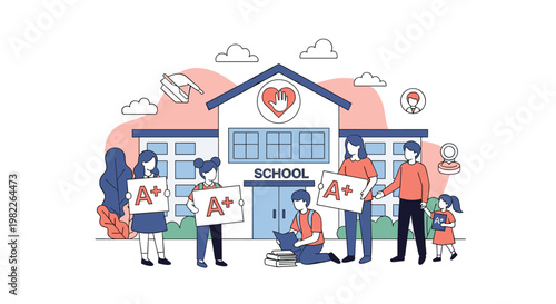 Proud students and teachers stand outside a school building holding A plus grade signs to celebrate high academic achievements.