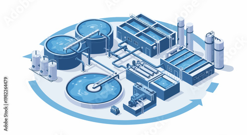 Isometric Water Treatment Plant and Wastewater Processing Facility Illustration for Environmental Infrastructure and Sustainable Water Management