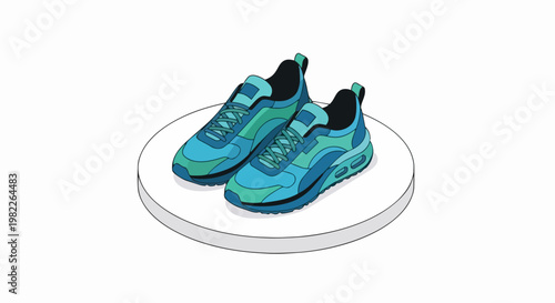 Modern Isometric Vector Illustration of Blue and Teal Running Shoes, 3D Style Sport Sneakers on a Circular Podium for Fitness and Lifestyle Design