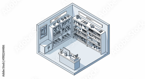 Isometric Hardware Store Interior Illustration with Tools and Checkout Counter, Minimalist Line Art Tool Shop Design