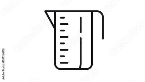 Black line vector icon of a measuring cup or jug with a spout and handle, featuring measurement markings on the side, perfect for kitchenware, cooking, baking, or laboratory equipment designs.