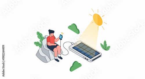 Isometric Illustration of a Person Charging a Mobile Smartphone Using Solar Power Energy in Nature - Sustainable and Clean Technology Concept