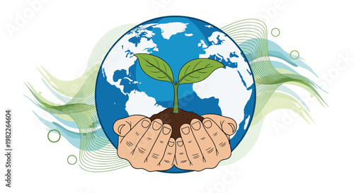 Human hands gently cradle a young green sprout in front of a globe to symbolize environmental protection and global reforestation.