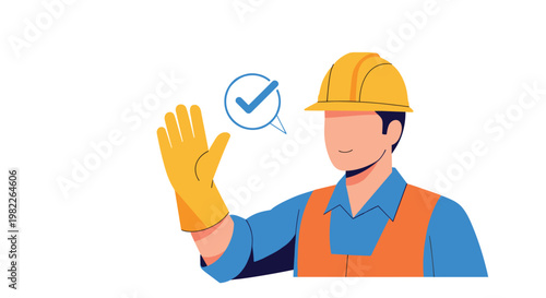 Construction professional wearing a hard hat and protective gloves gestures with his hand to signal safety compliance on the job site.