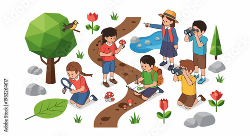 Isometric Vector Illustration of Children Exploring Nature on a Forest Hike with Binoculars and Magnifying Glasses for Outdoor Education and Environmental Learning