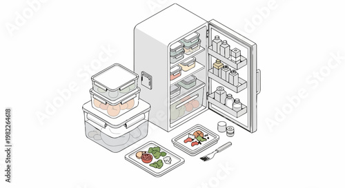 Isometric Illustration of Organized Refrigerator with Meal Prep Containers and Healthy Food Storage