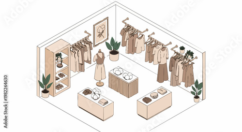 Isometric Minimalist Clothing Boutique Interior with Earth Tone Sustainable Fashion Apparel