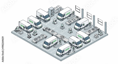Isometric Automated Warehouse with Electric Delivery Van Fleet and Robotic Fulfillment Illustration