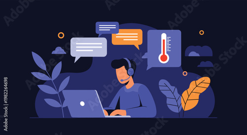Dedicated customer support representative assists clients with temperature monitoring and control queries via a modern laptop and headset setup.
