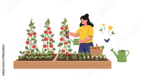 Female gardener carefully waters organic tomato plants growing on trellises in a raised wooden garden bed during a sunny day outdoors.
