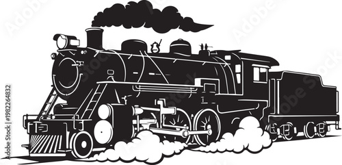 Vintage steam locomotive, black and white train, vector illustration, locomotive engine