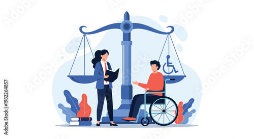 Legal advocate discusses rights and accessibility with a man in a wheelchair in front of a giant symbol of the scales of justice.