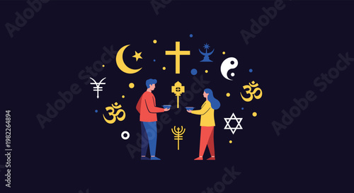 Diverse individuals come together in harmony surrounded by symbols of major world religions including Christianity, Islam, Judaism, and Hinduism.