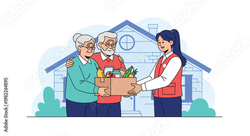 Caring volunteer delivers a box of fresh groceries and food supplies to an elderly couple at their home to provide essential support.