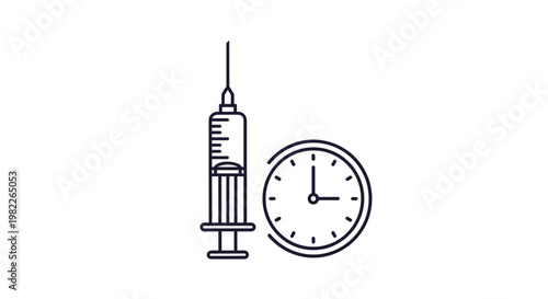 Medical concept showing a syringe and a clock representing the importance of timely vaccinations and healthcare appointment scheduling.