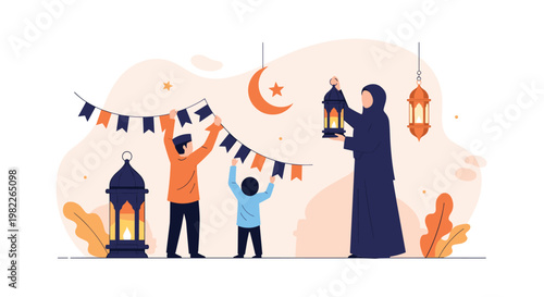 Muslim family celebrates a holy festival by hanging festive decorations, lanterns, and bunting under a crescent moon for Ramadan or Eid.
