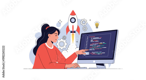 Aspiring software developer works on programming code while a rocket launches in the background symbolizing a successful business startup.