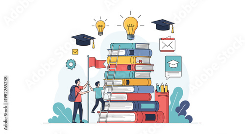 Ambitious students use a ladder to climb a tall stack of giant books to reach a light bulb representing higher education and success.